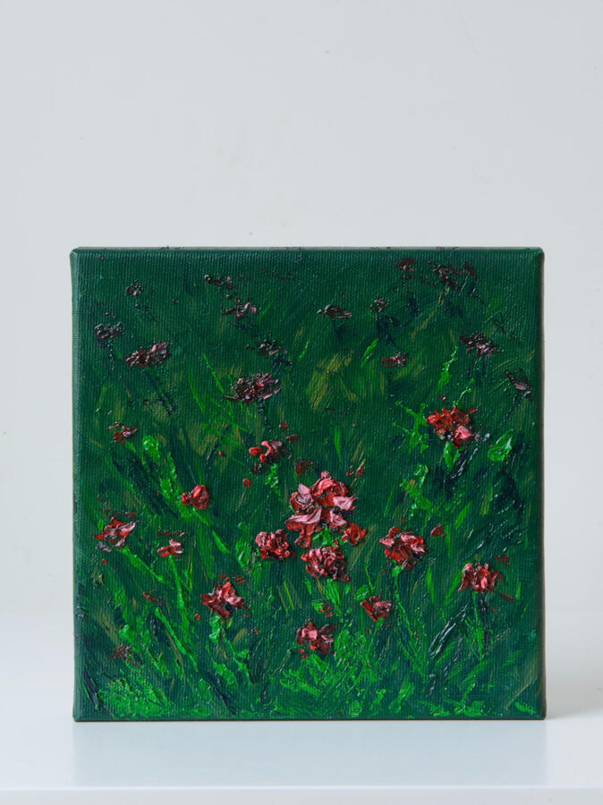 Summer Field Original painting by Anastasiia Petrych. Red flowers in green field, made in textured impasto technique.