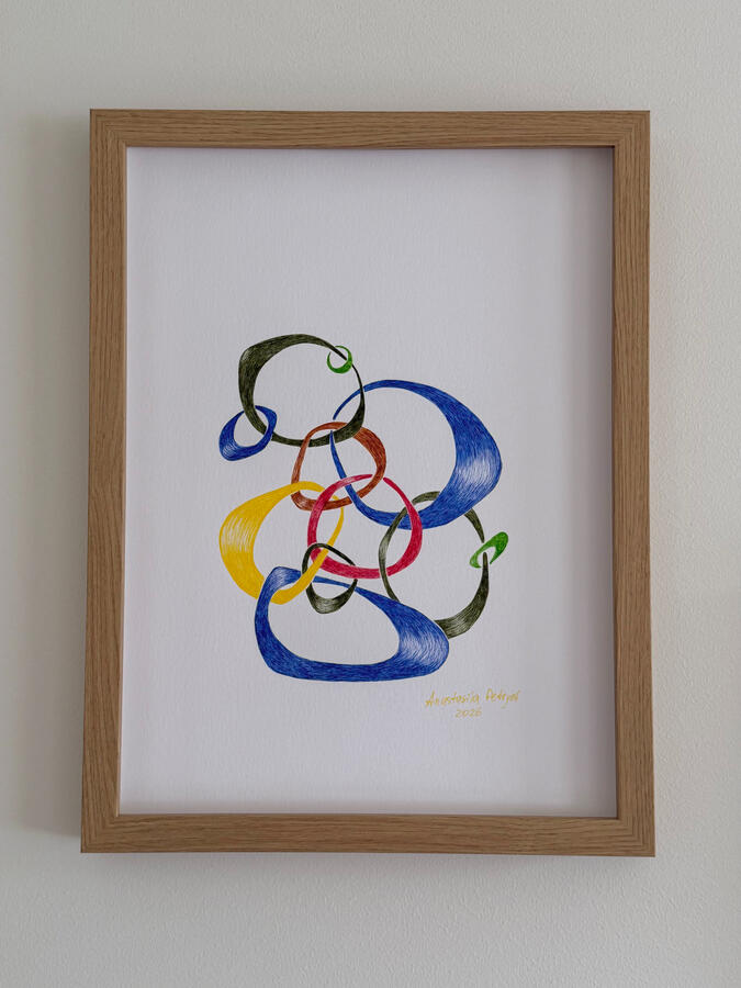 Together (Abstract #F4) Original drawing by Anastasiia Petrych. Depicts organic rounded shapes in different colors, connected with each other.